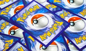 Backs of pokemon trading cards - a pile of them
